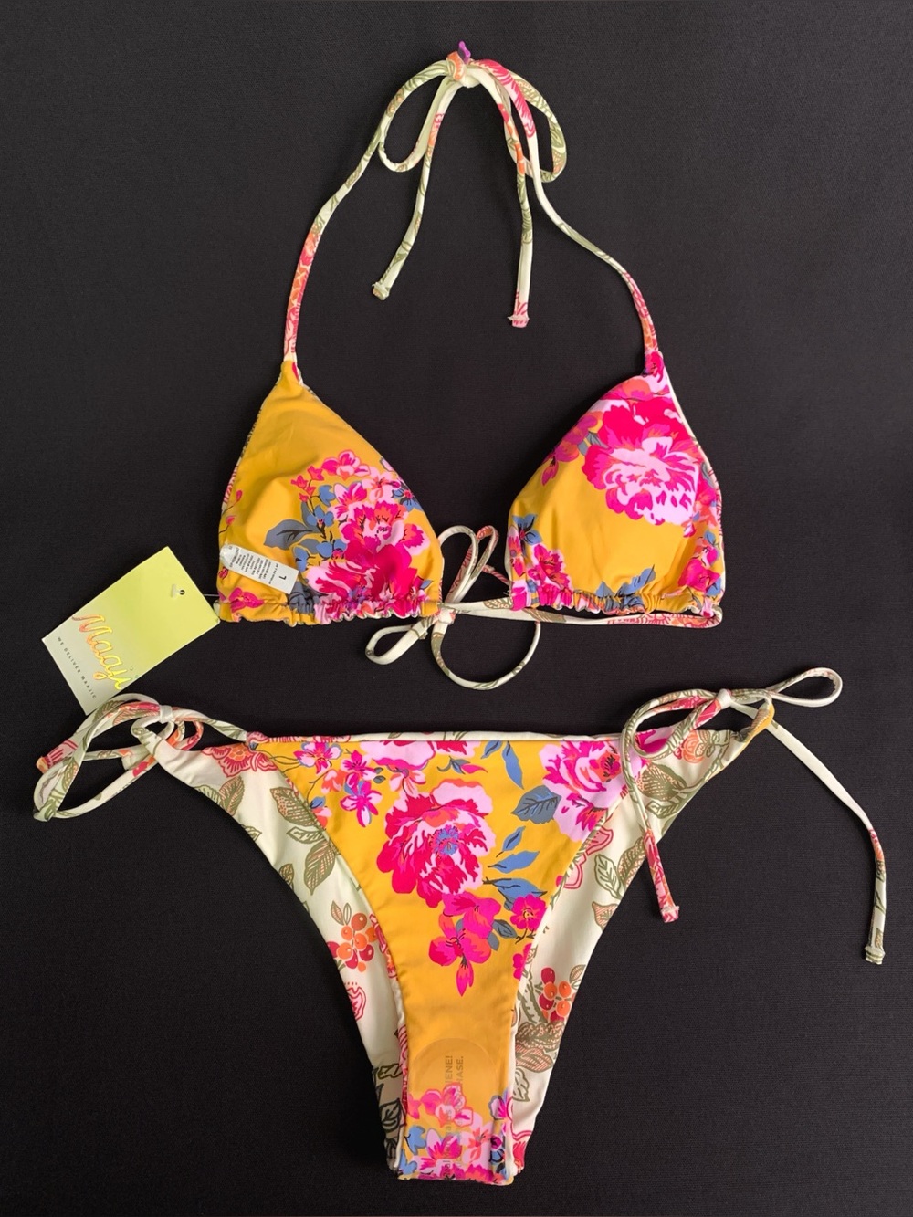 MAAJI Sliding Triangle Bikini Top & Low Rise Tie Side Bikini Bottom LARGE NWT
